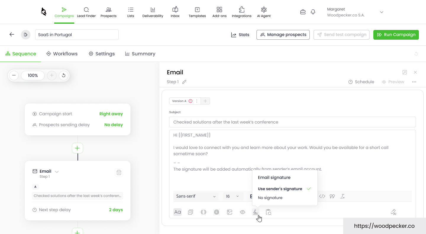 Woodpecker-Nachrichten-Editor mit erster E-Mail, zwei Tagen Pause und dem nächsten Schritt der Abfolge